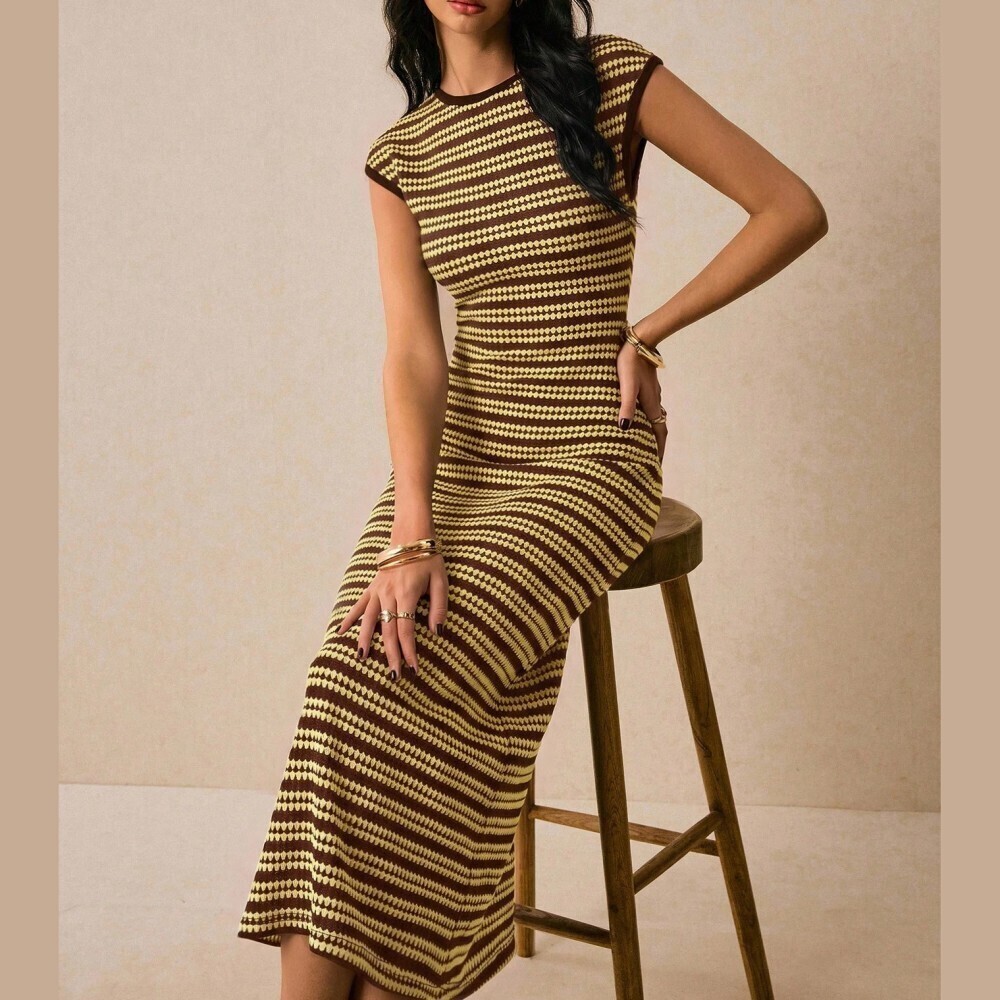 Brown Yellow Striped Knit Cap Sleeve Bodycon Midi Dress
